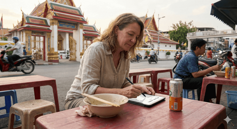 A woman sitting at an outside ramen cafe writing in her travel journal