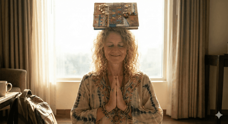 A hippie woman meditating and finding balance with her travel journal