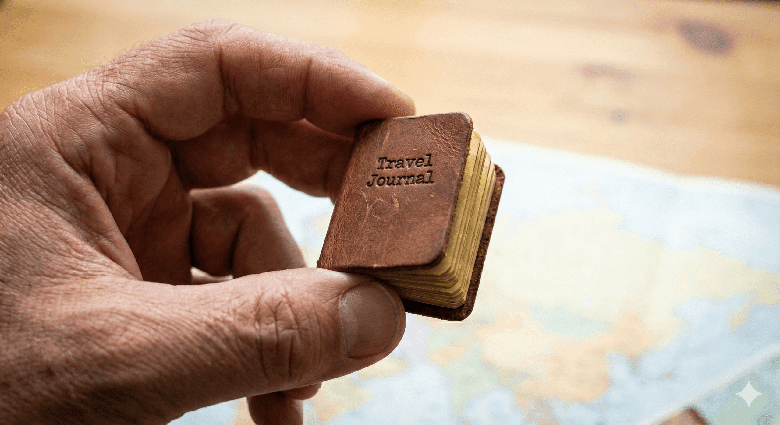 A hand holding a teeny-tiny travel journal