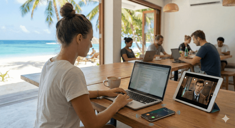 A woman on her laptop, tablet and phone simultaneously with a nice beach outside the window