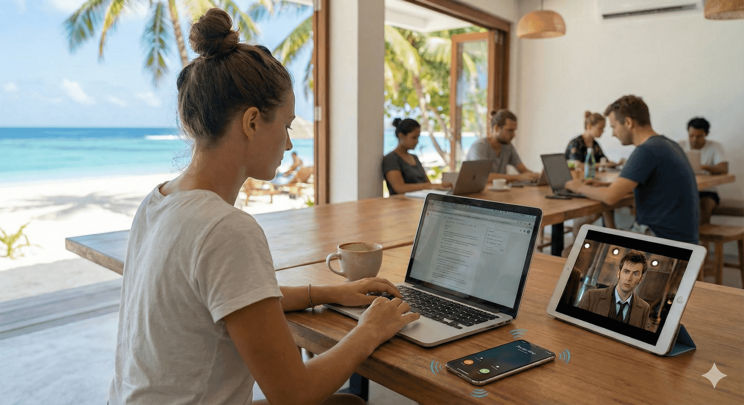 A woman on her laptop, tablet and phone simultaneously with a nice beach outside the window