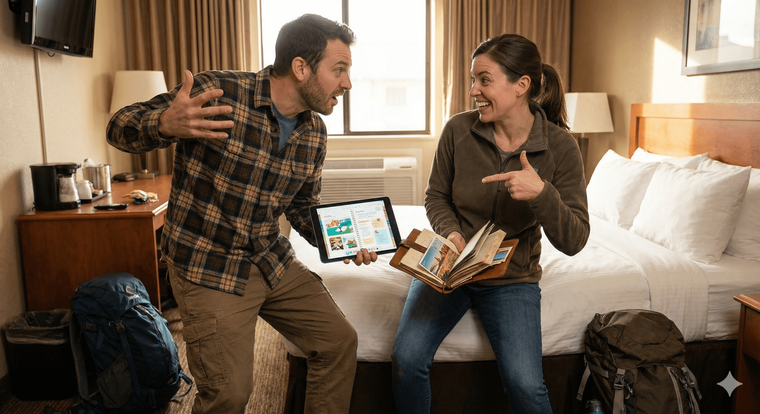 A couple mock-arguing about which type of travel journal is better, paper or digital