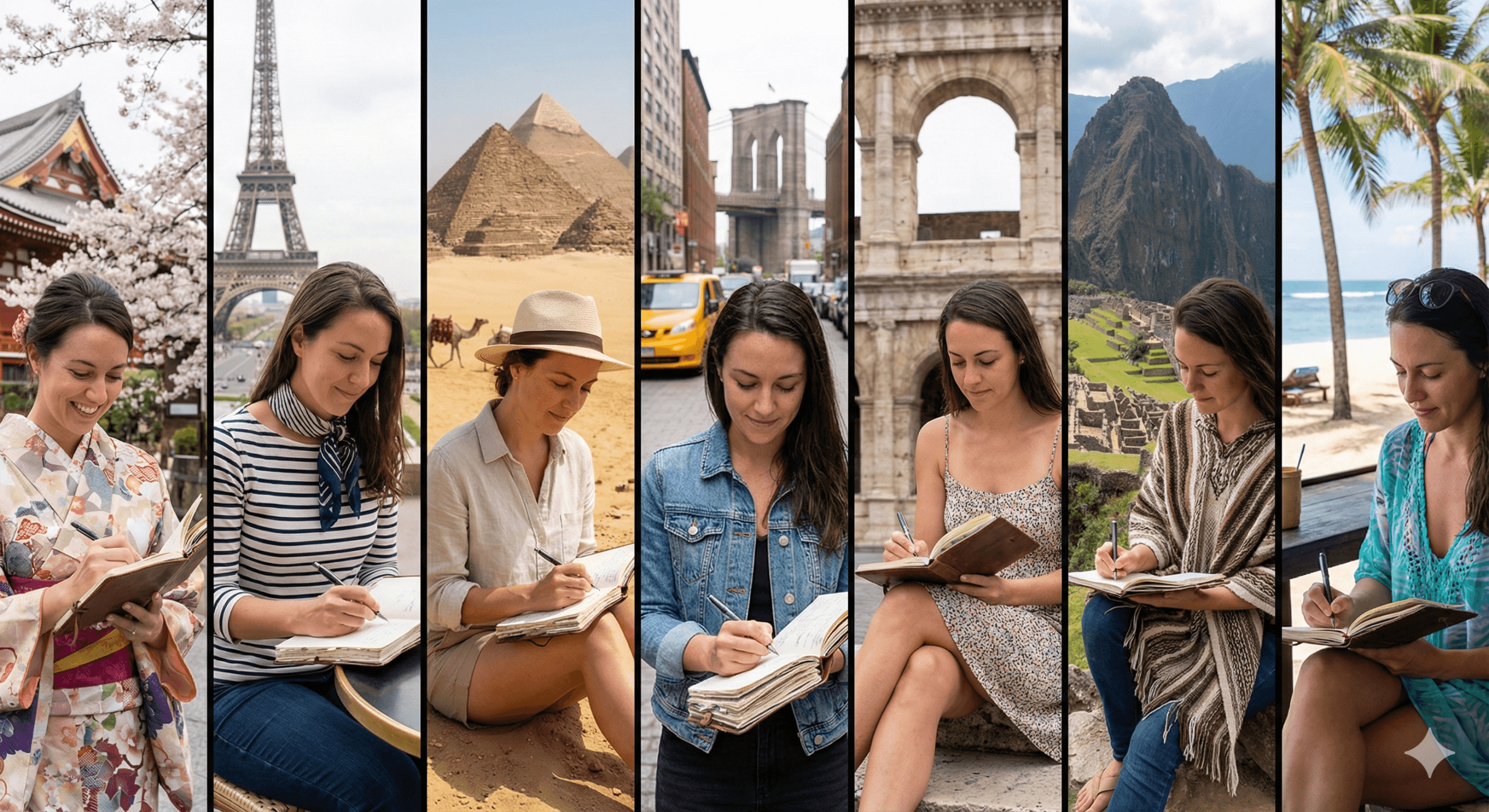 A woman traveling and journaling in different iconic places