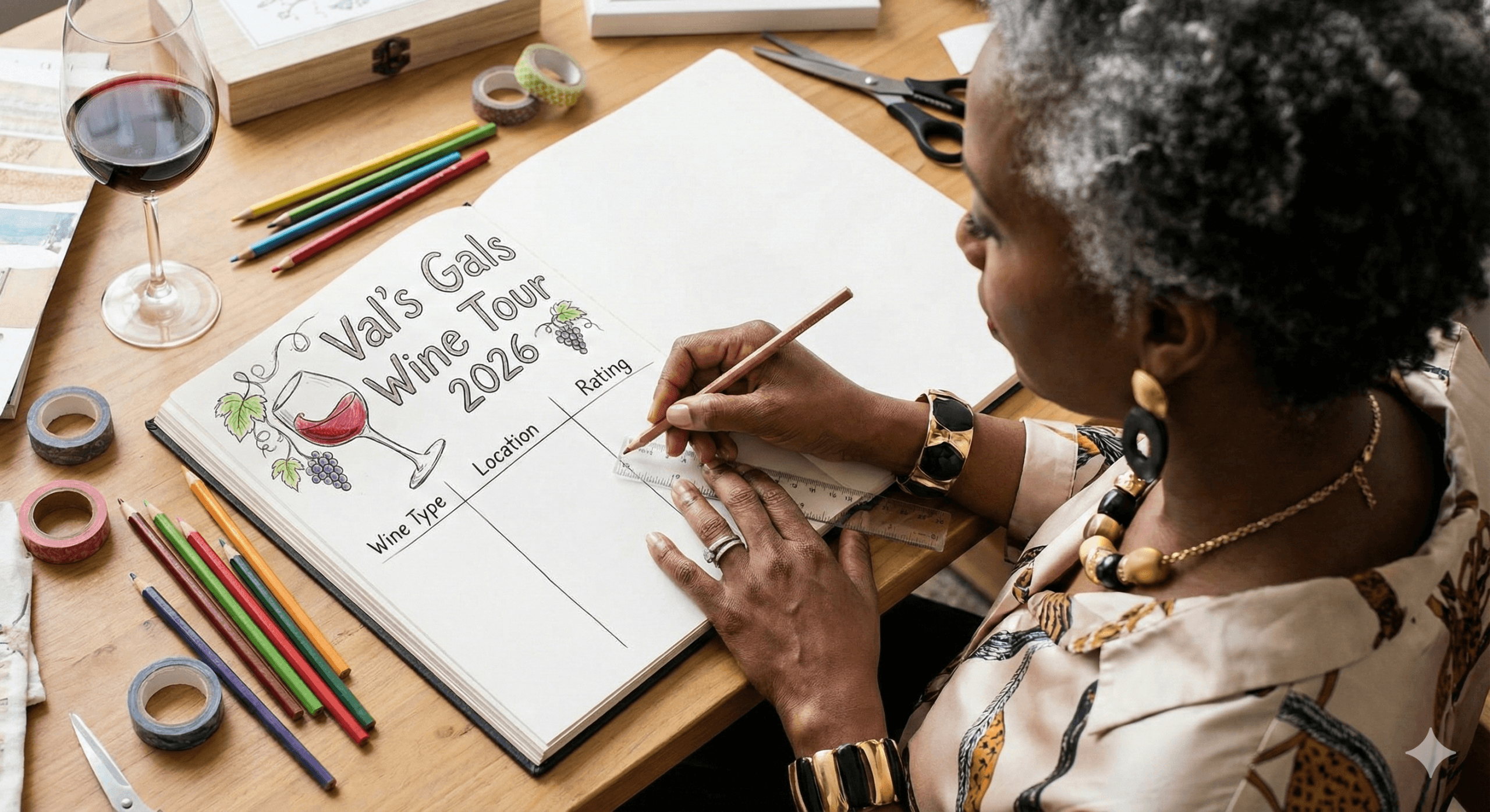 A woman customizing a travel journal for her upcoming wine tour
