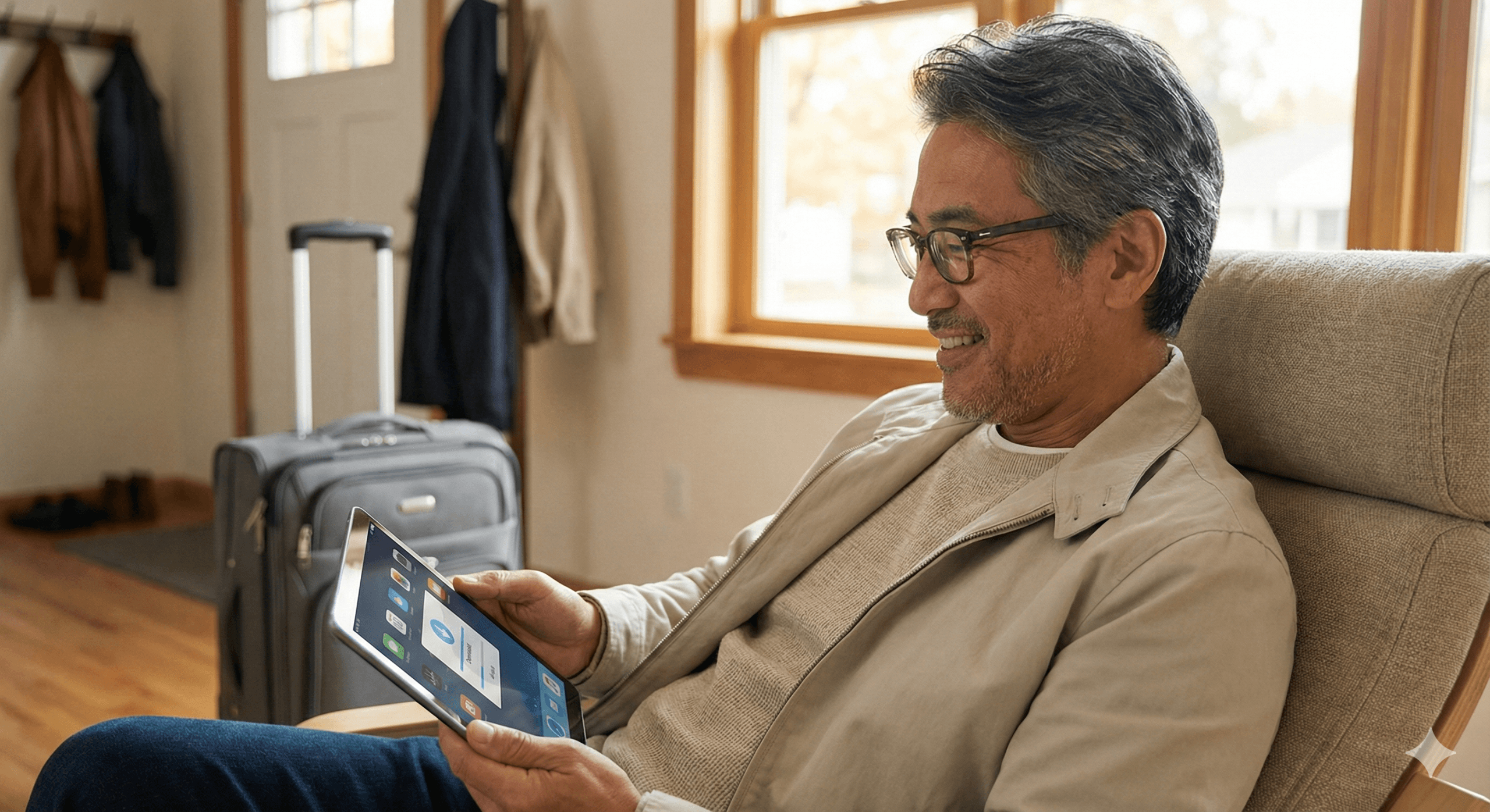A man downloading travel apps for his journal just before taking a trip