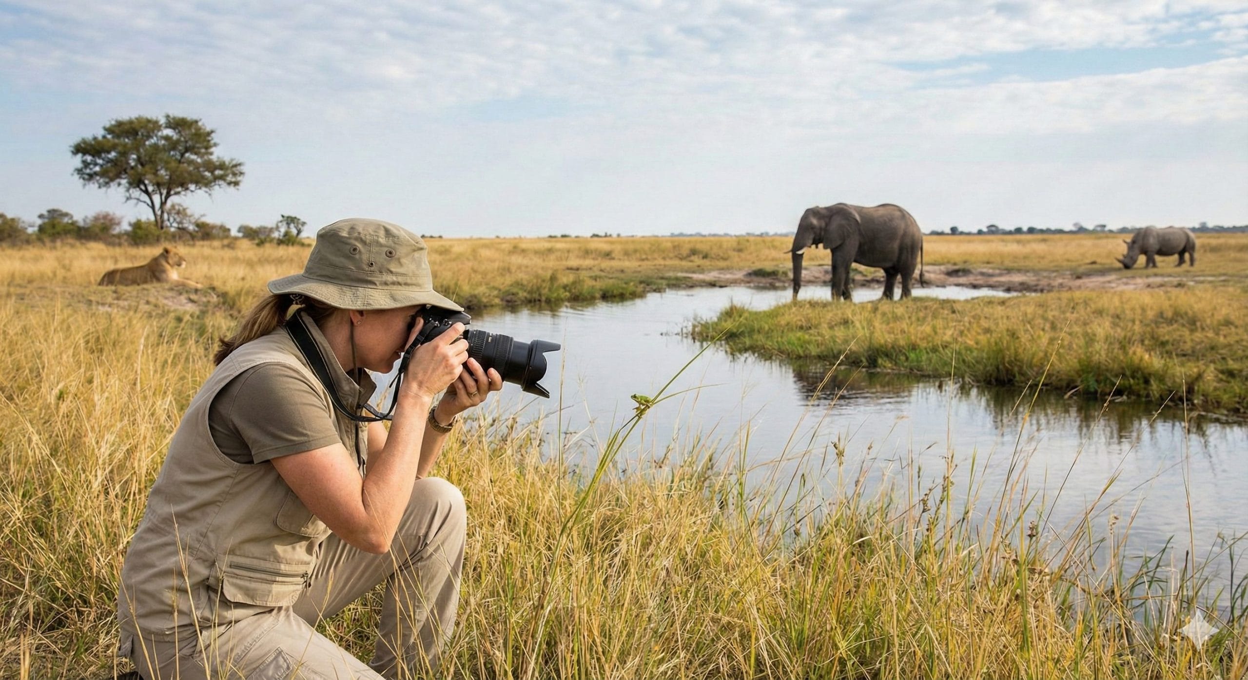 A woman on safari photographing a tiny frog instead of the big safari animals in the background