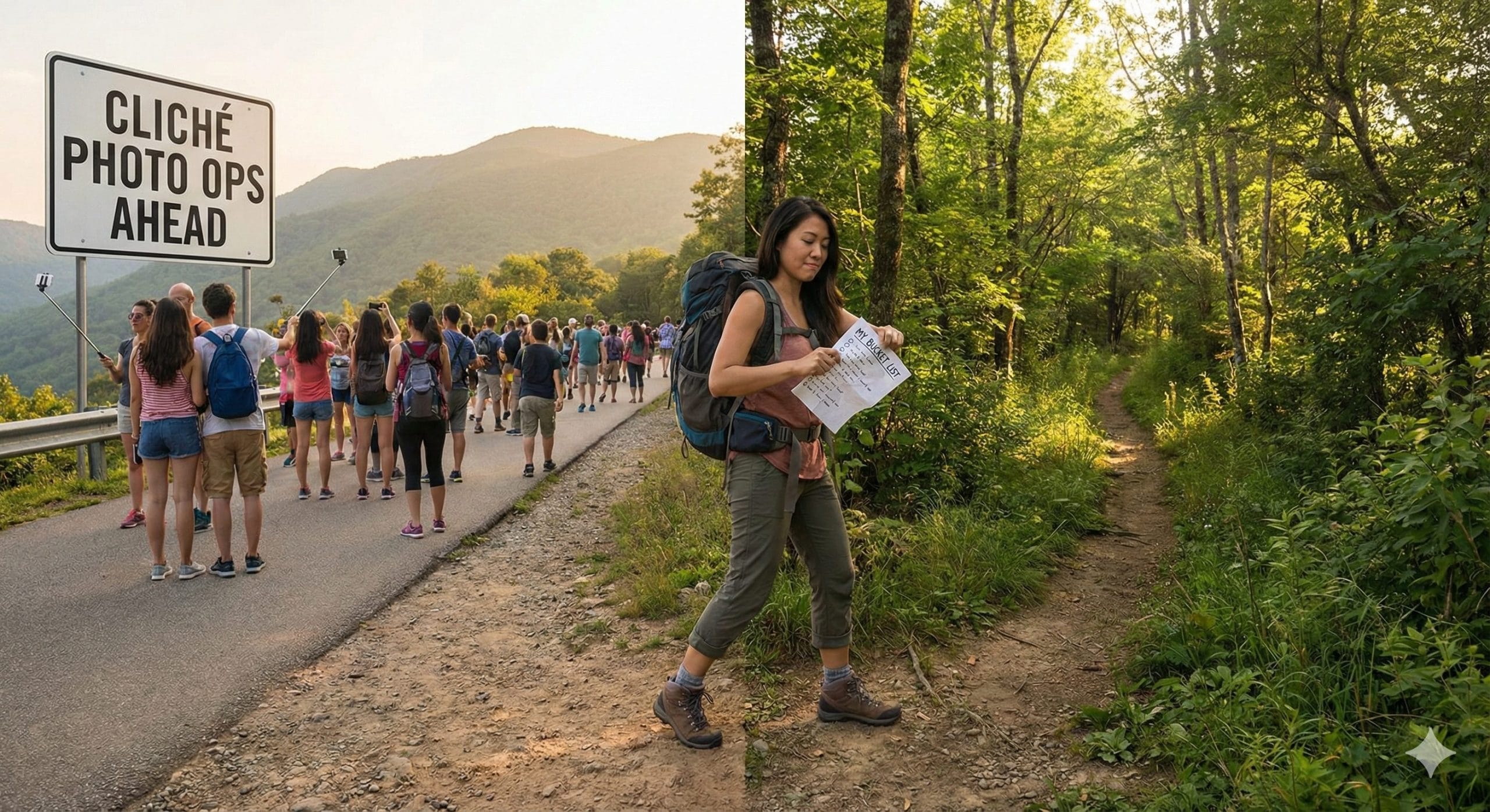 A woman choosing the less-traveled path