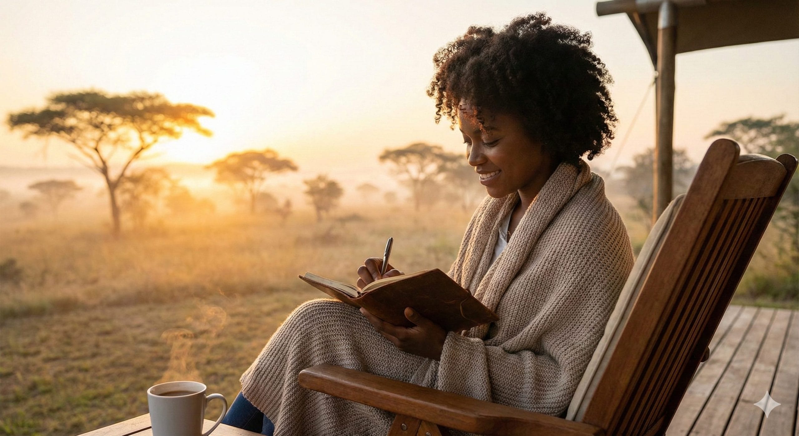A young woman on the deck of a safari lodge writing in her travel journal at sunrise