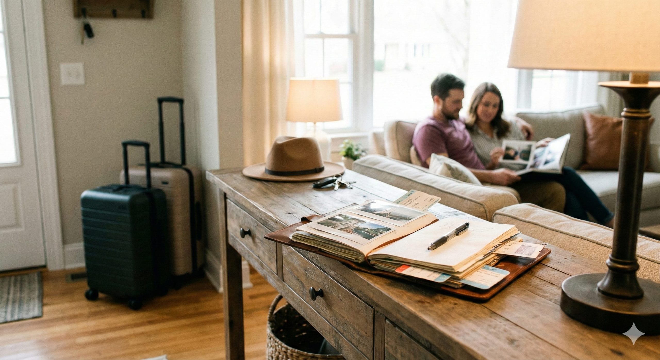 A couple relaxing on the couch after their trip with their travel journal on the table