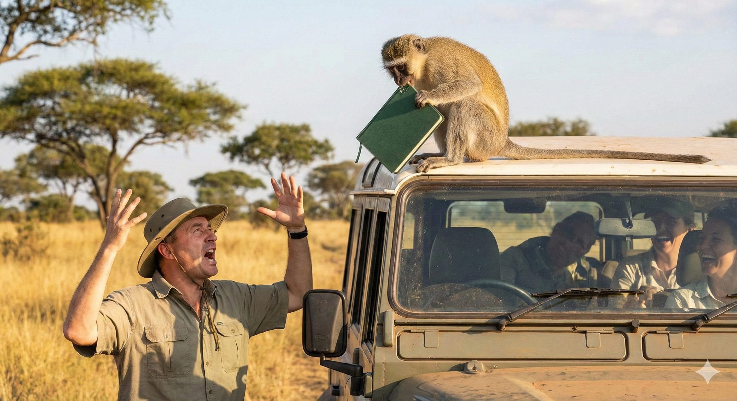 A traveler exasperated at a monkey who stole his travel journal and is sitting on top of the safari truck