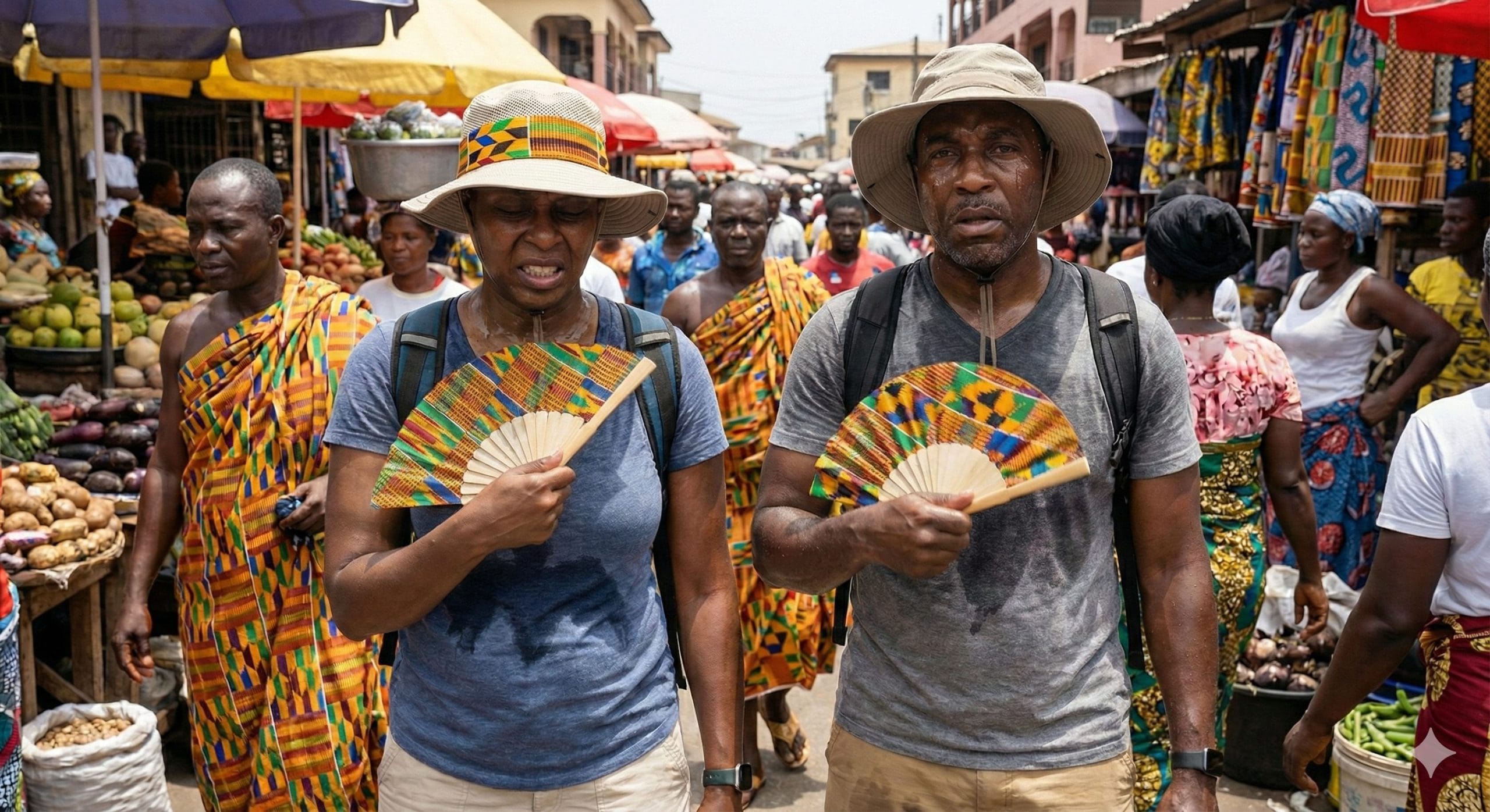 Two tourists in Accra swaeting and battling the heat in Makola Market