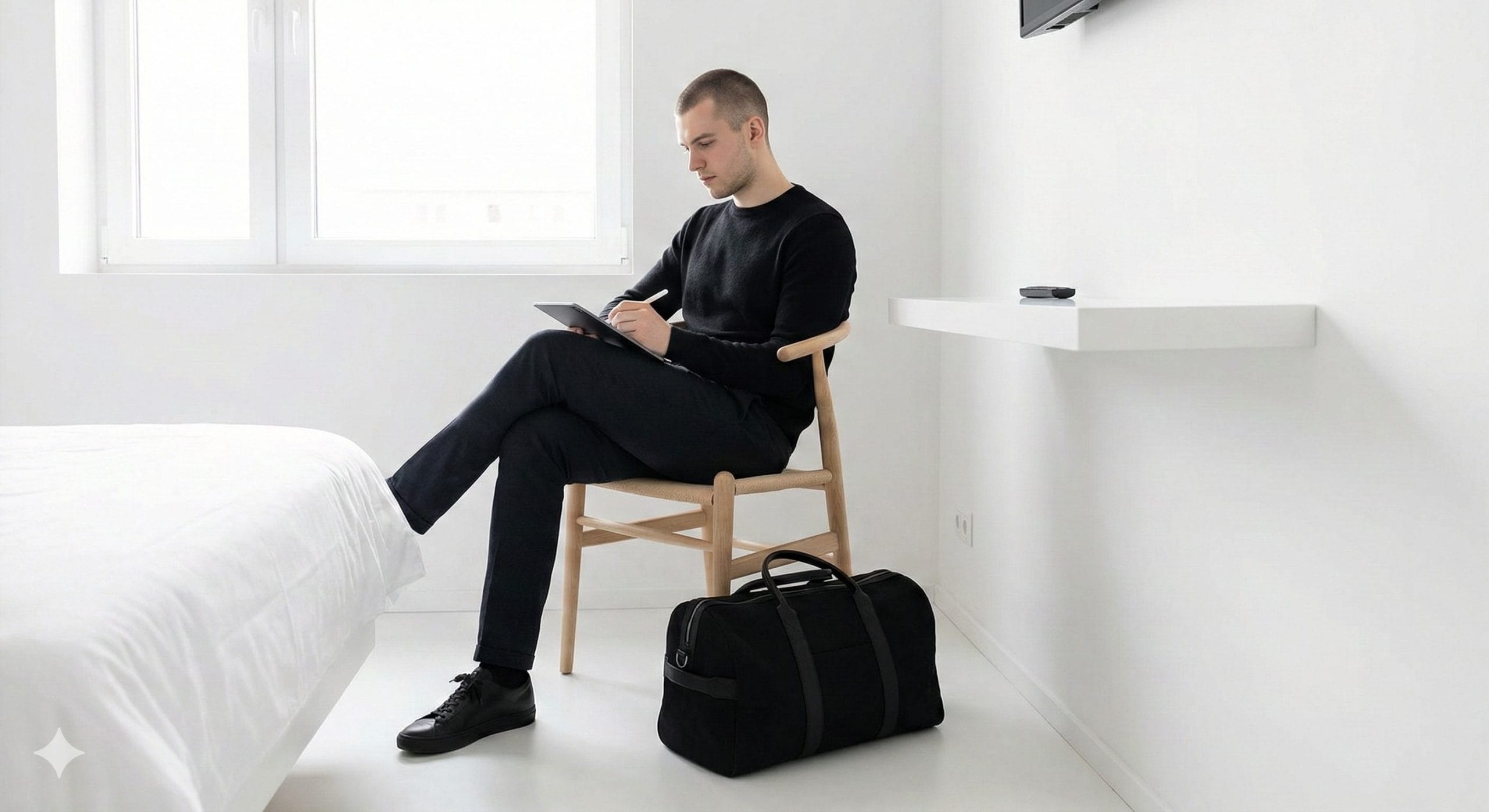 Minimalist man in minimal hotel room writing on a tablet with a stylus
