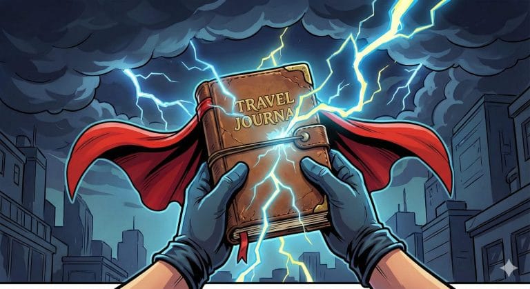 A superhero travel journal being charged up by lightning