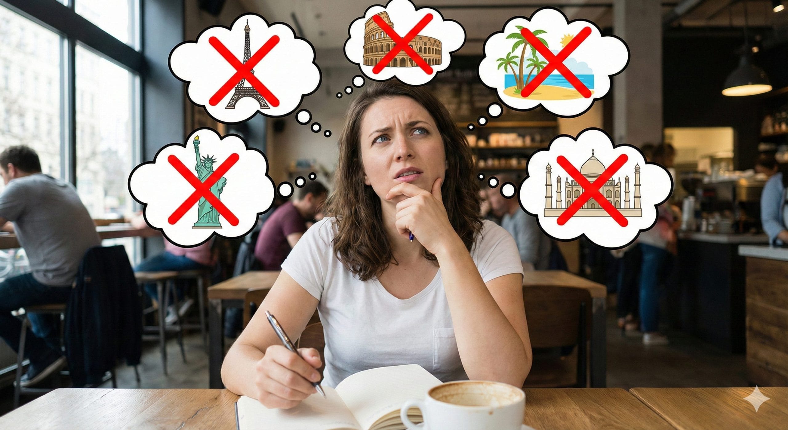 A woman perplexed about where to travel next that's not an overcrowded tourist trap
