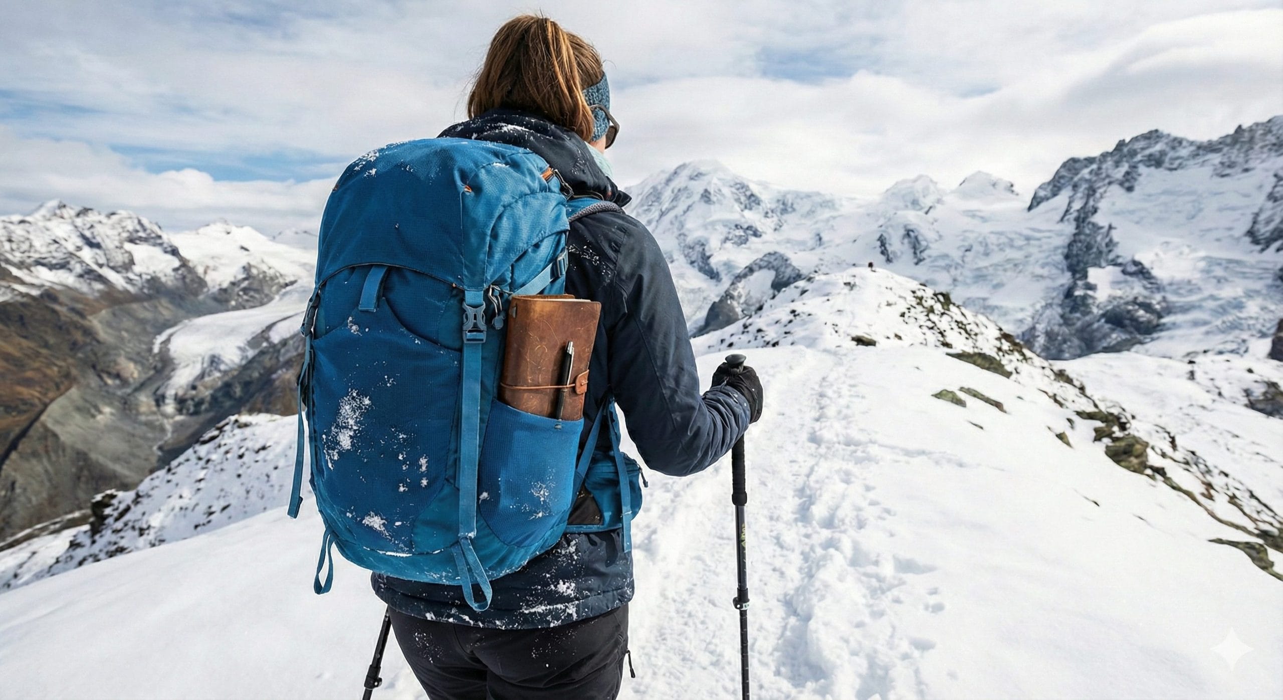 A woman hiking on a snowy mountain