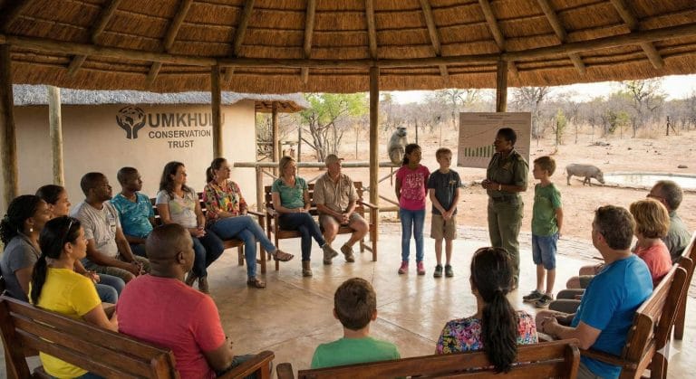 A tour group listening to a safari ranger at a conservation center
