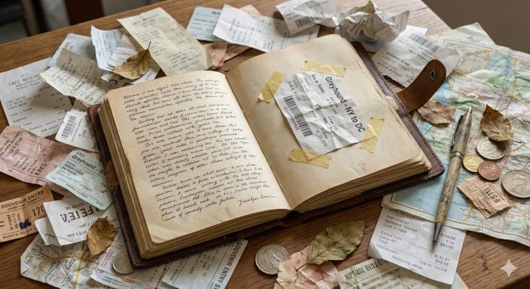 An open travel journal with a bunch of travel detritus around it