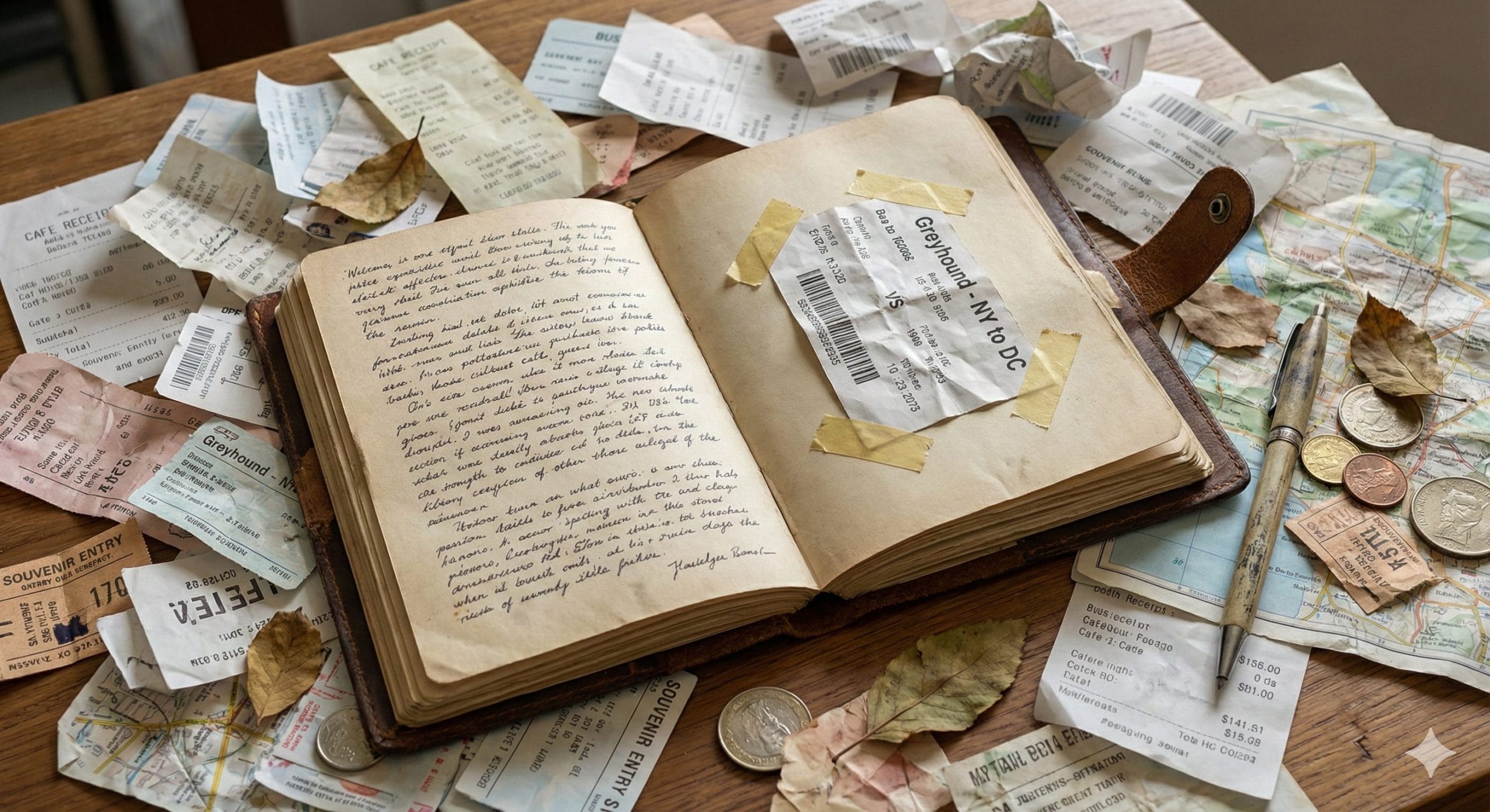 An open travel journal with a bunch of travel detritus around it