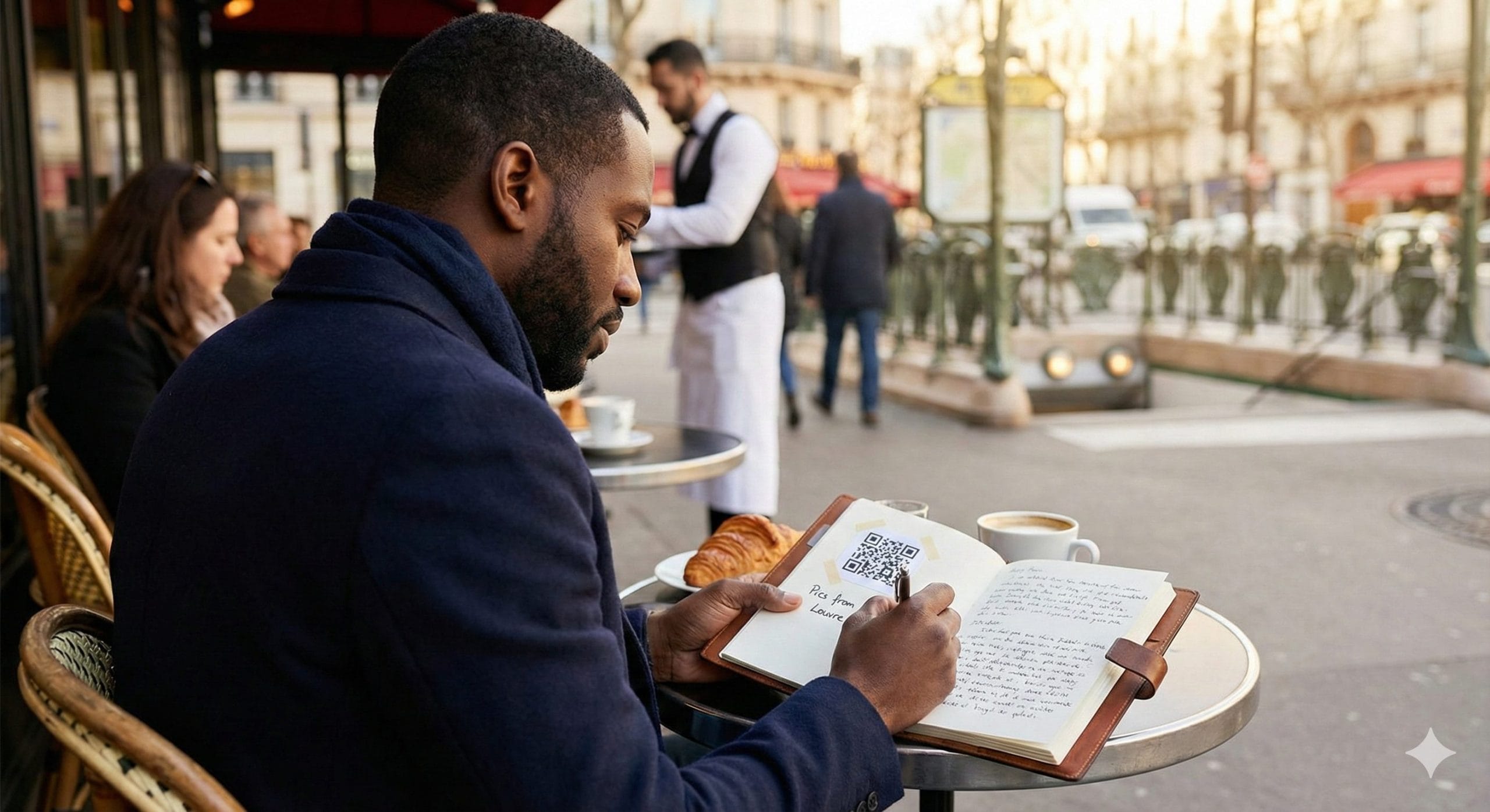 A man at a Paris cafe writing in his travel journal with a QR code leading to a picture album