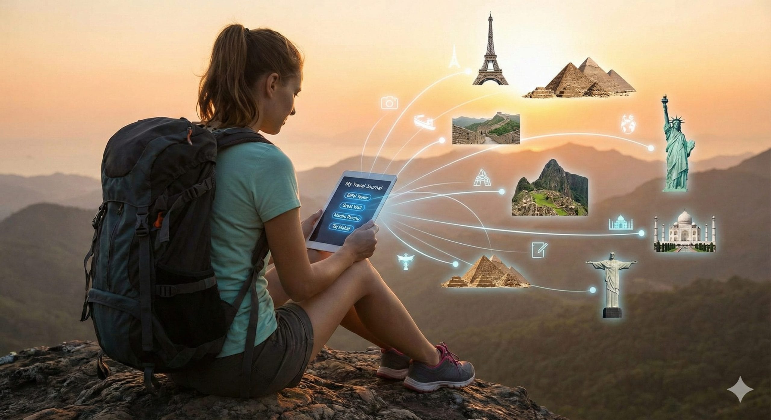 A woman backpacker with her tablet hyperlinked to lots of world landmarks