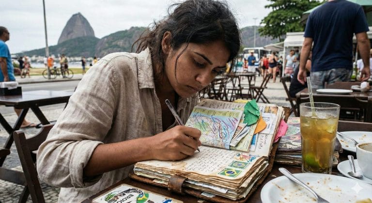 A woman writing in a messy travel journal in Brazil
