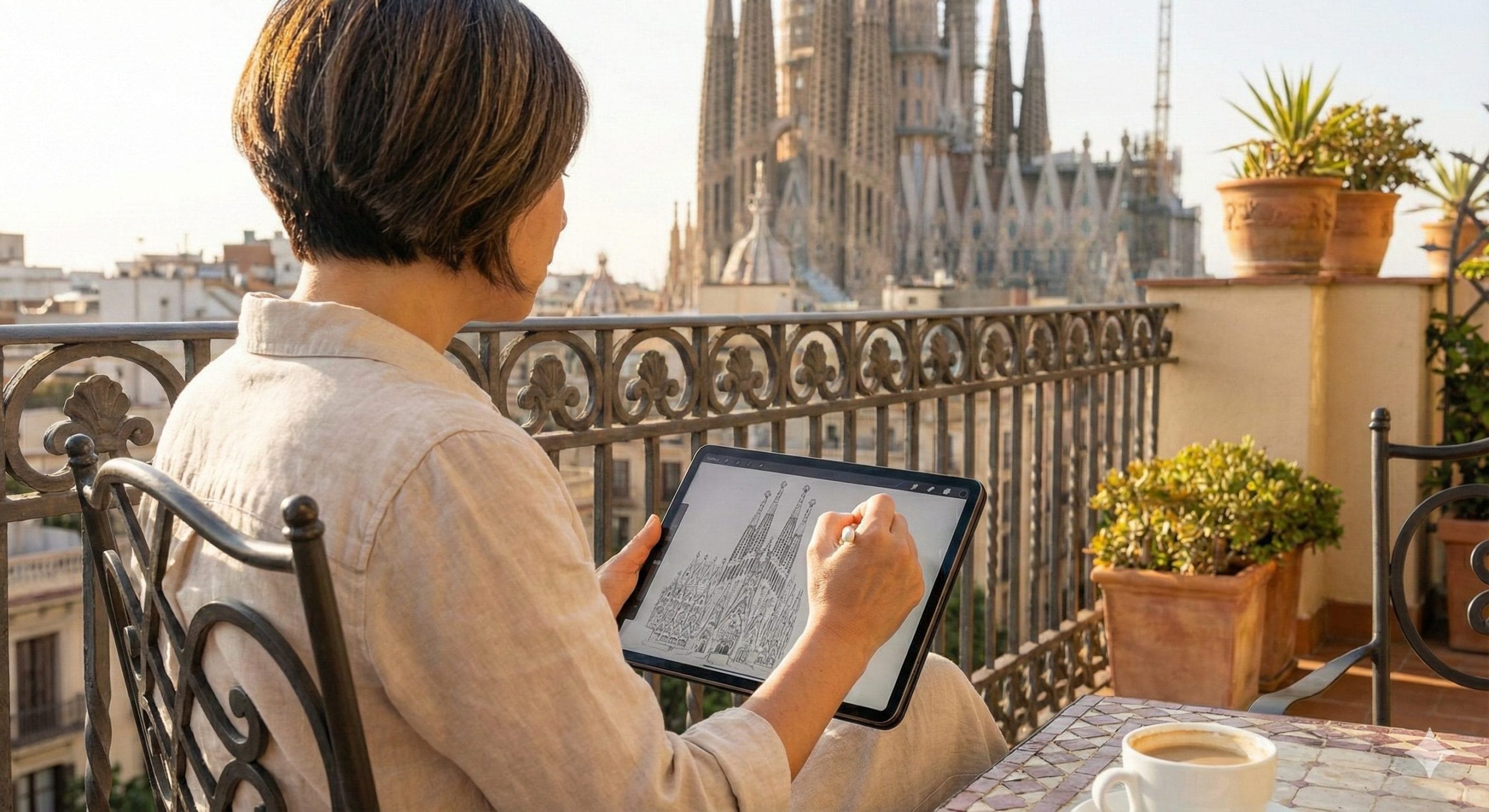 A woman sketching on her tablet on a balcony in Barcelona