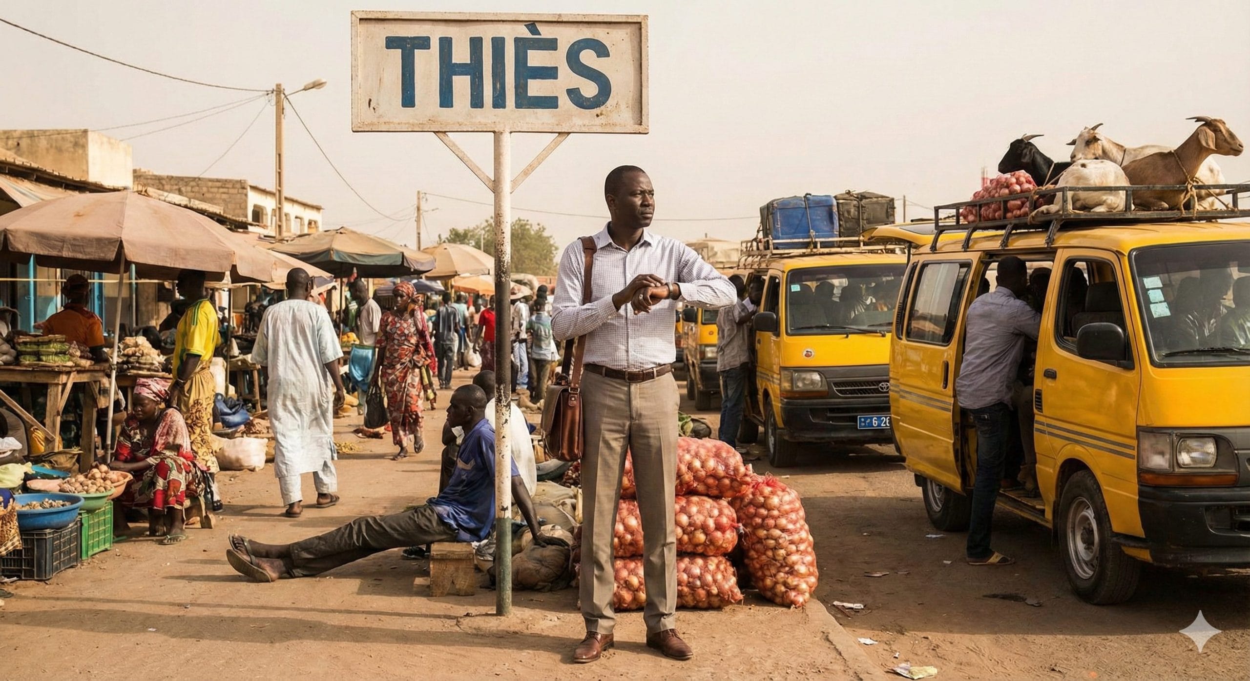 A man looking out of place at a Dakar bus station