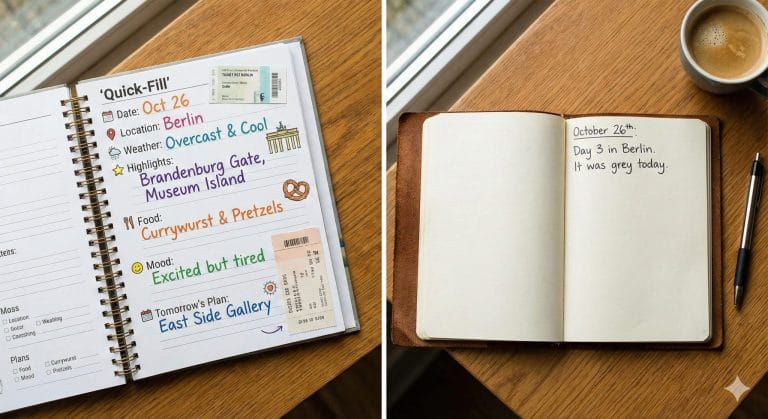 A fully filled-in quick-fill travel journal vs an unfinished traditional travel journal
