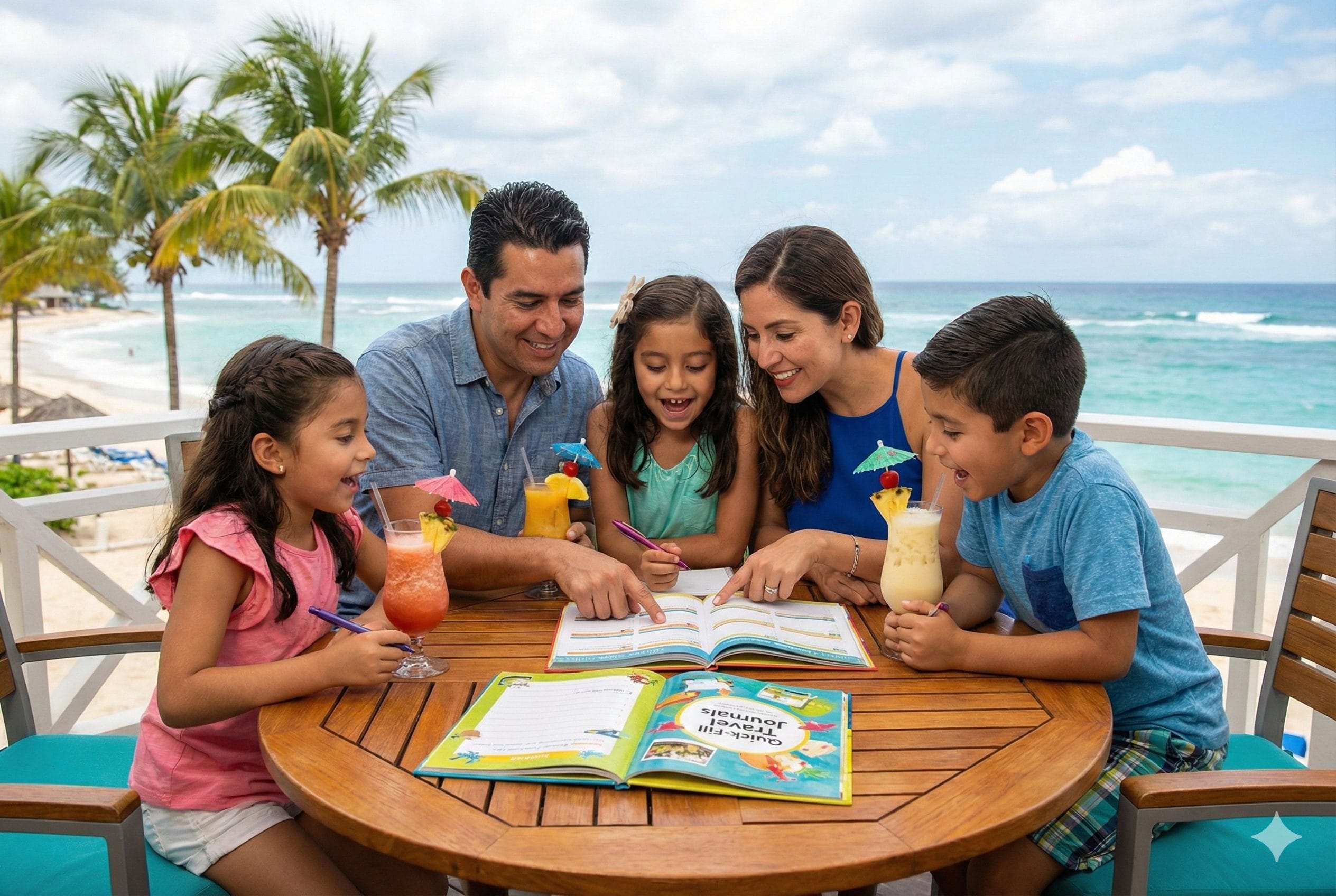 A family learning together about the joys of travel journaling.
