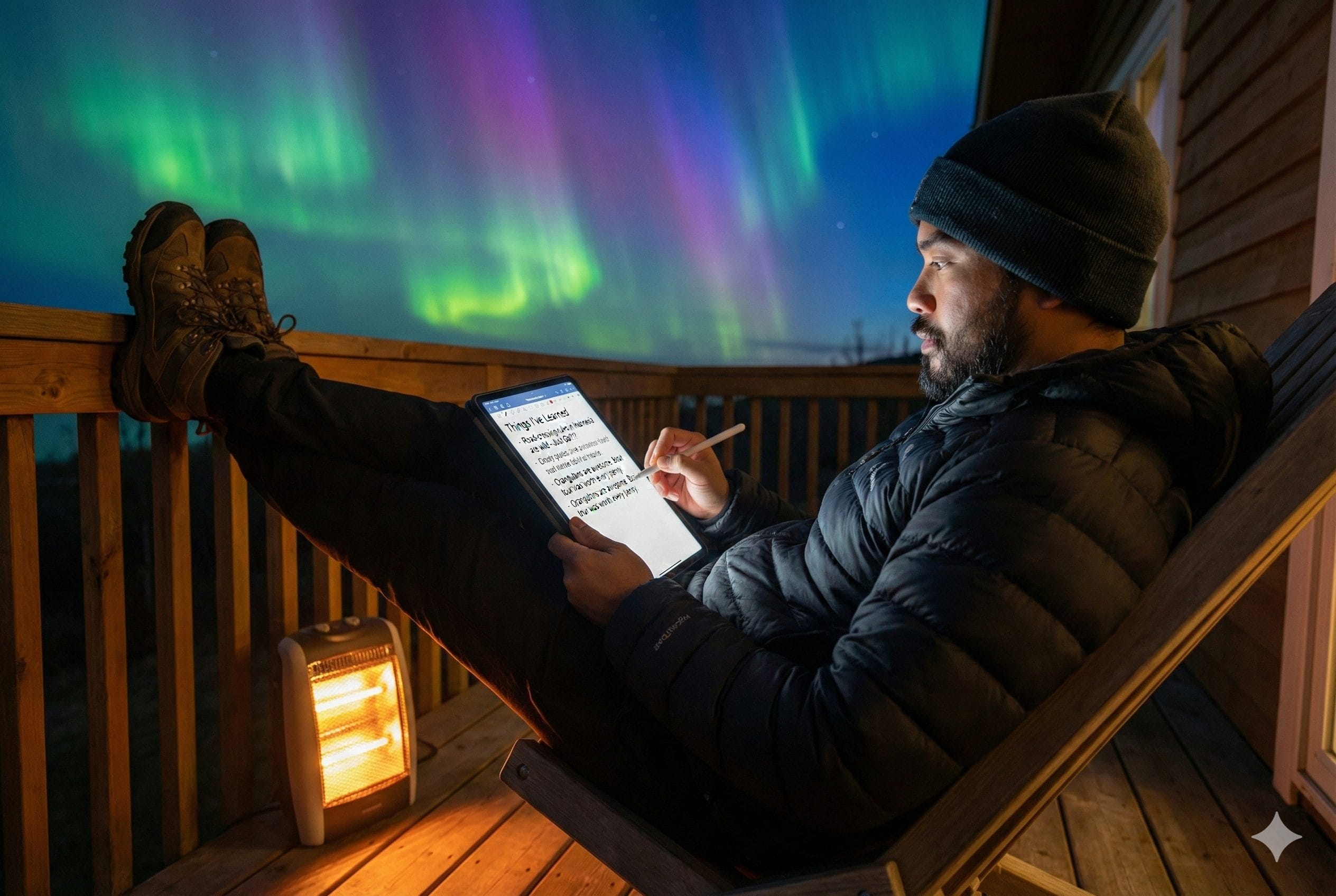 A man writing in his quick-fill travel journal on his tablet while enjoying the Northern Lights