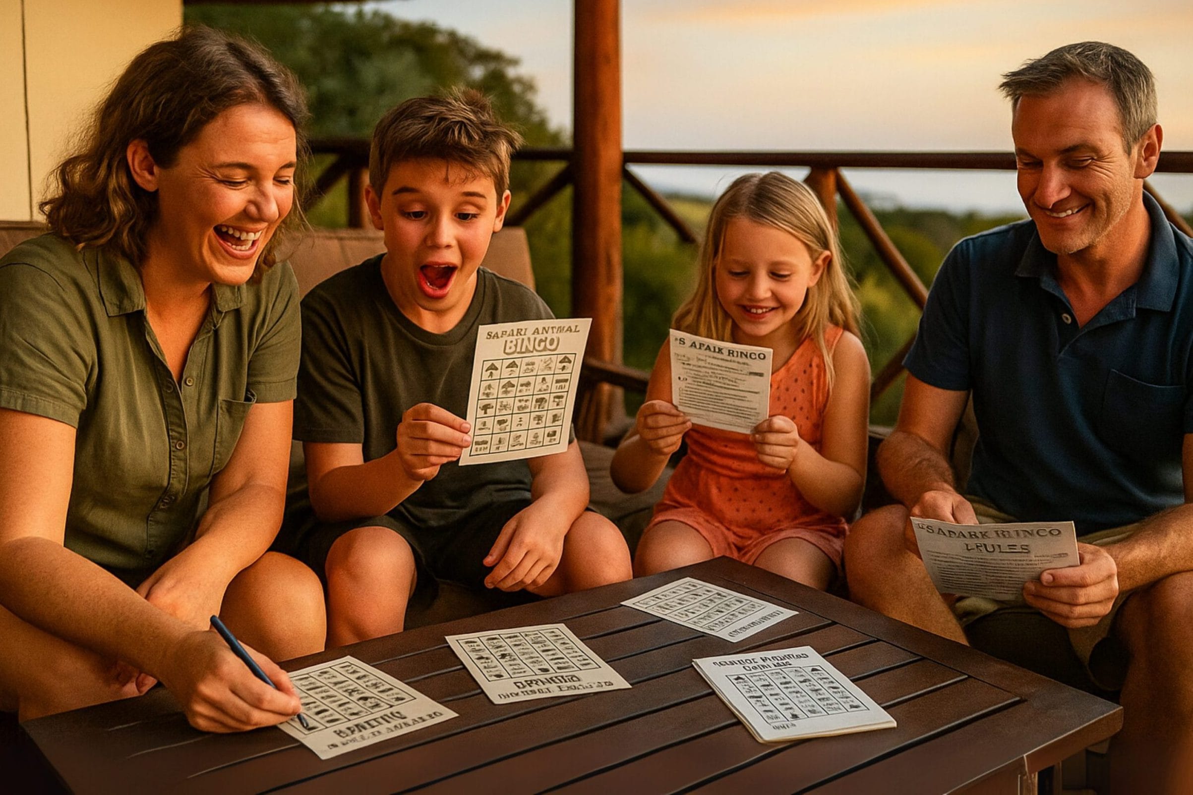 A family playing Safari Bingo at the end of a long day of adventure.