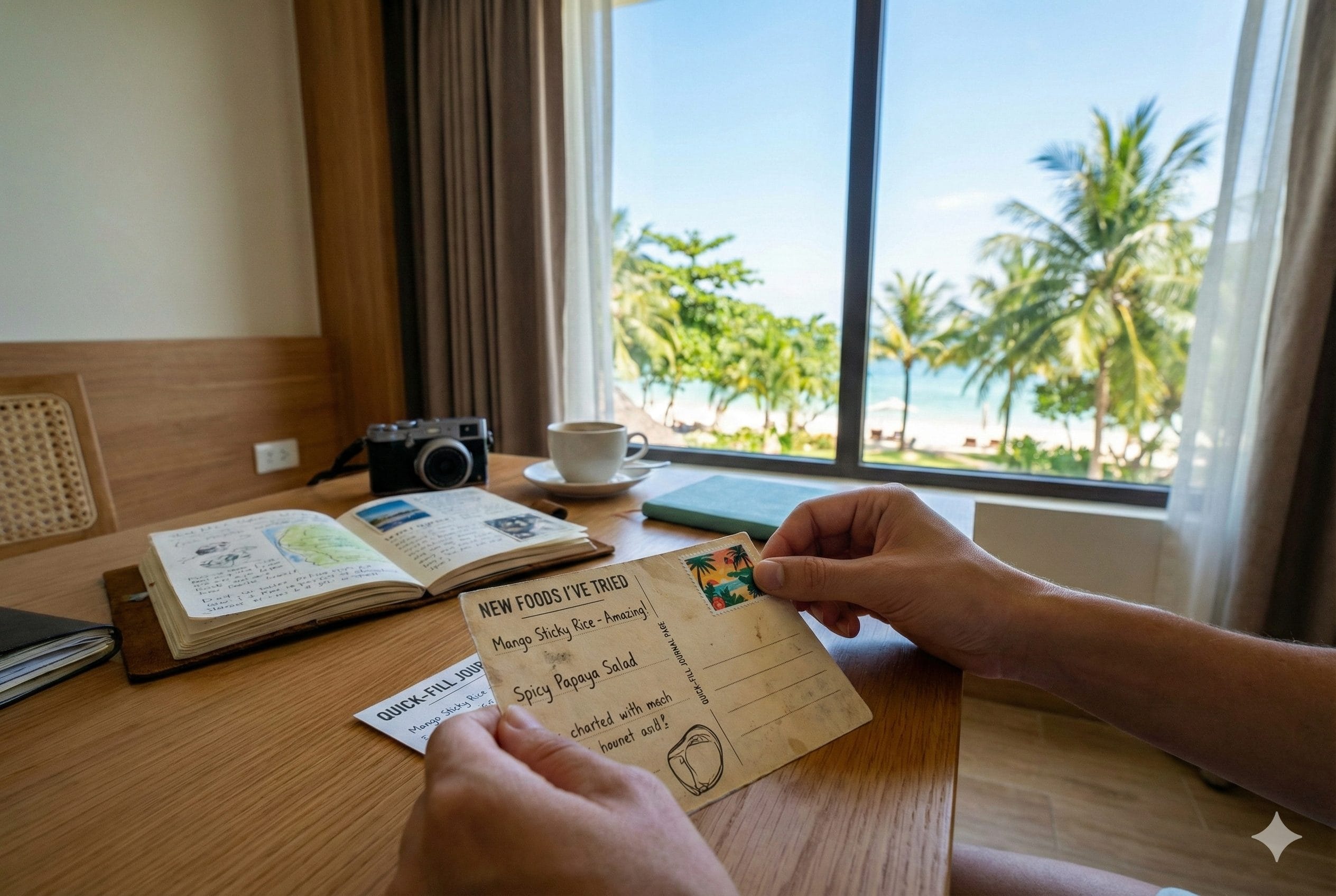 Person creating a postcard from a travel journal page.