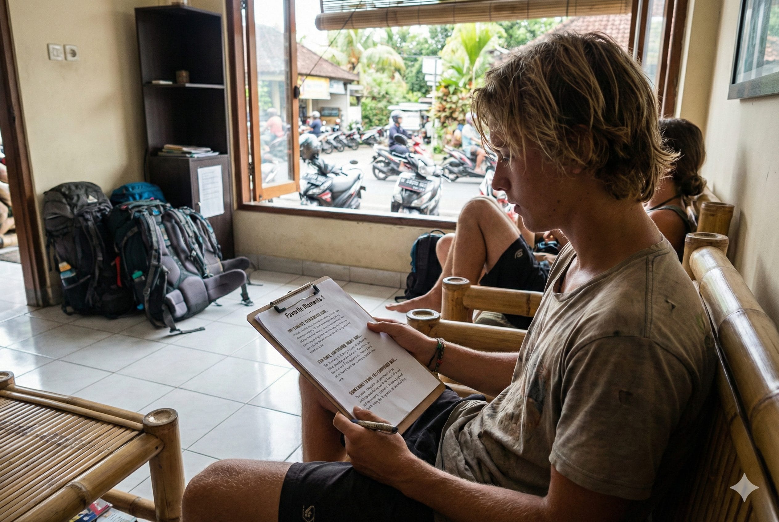 Budget traveler using a printable travel journal in Indonesia