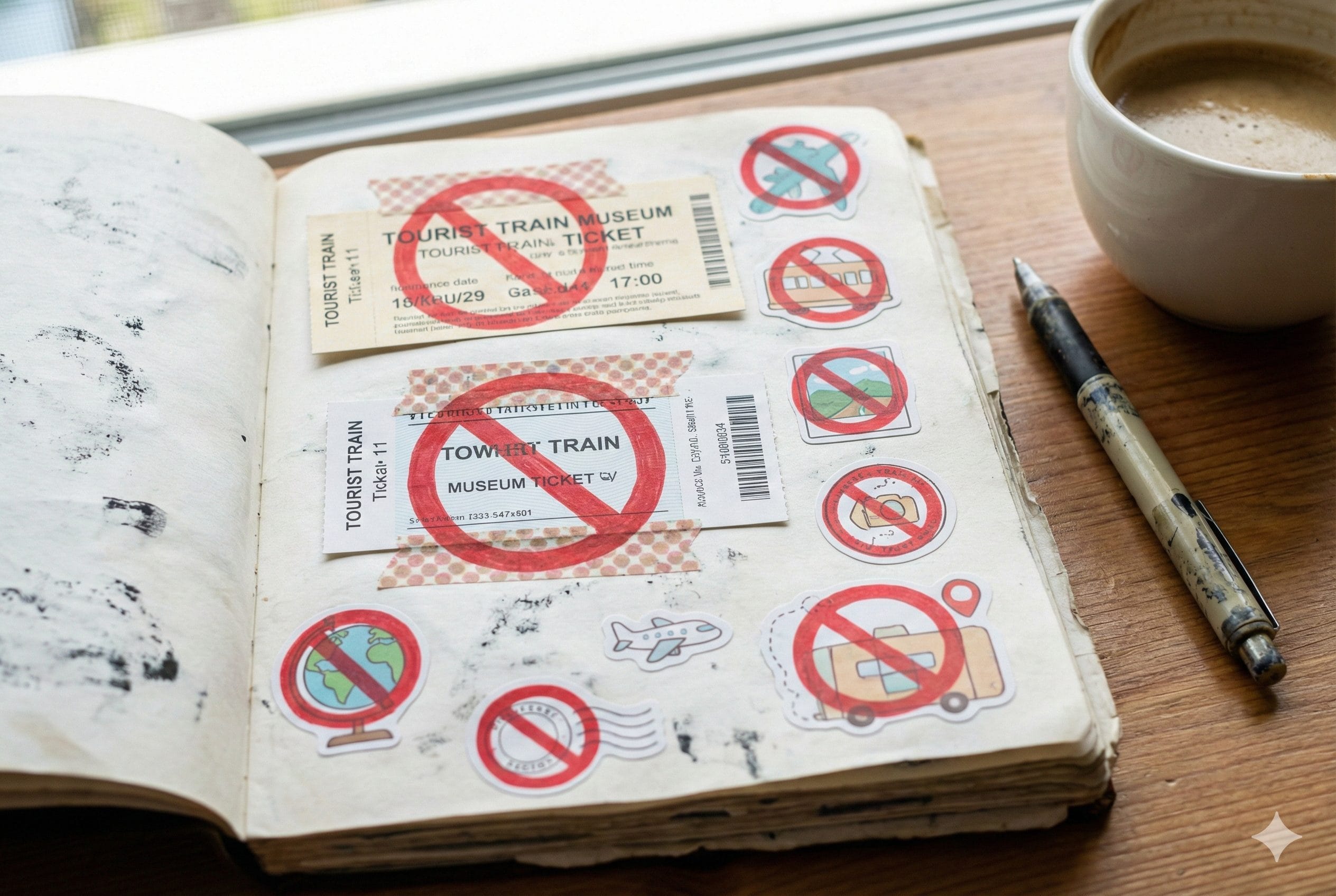 Travel journal with warning against using stickers or washi tape