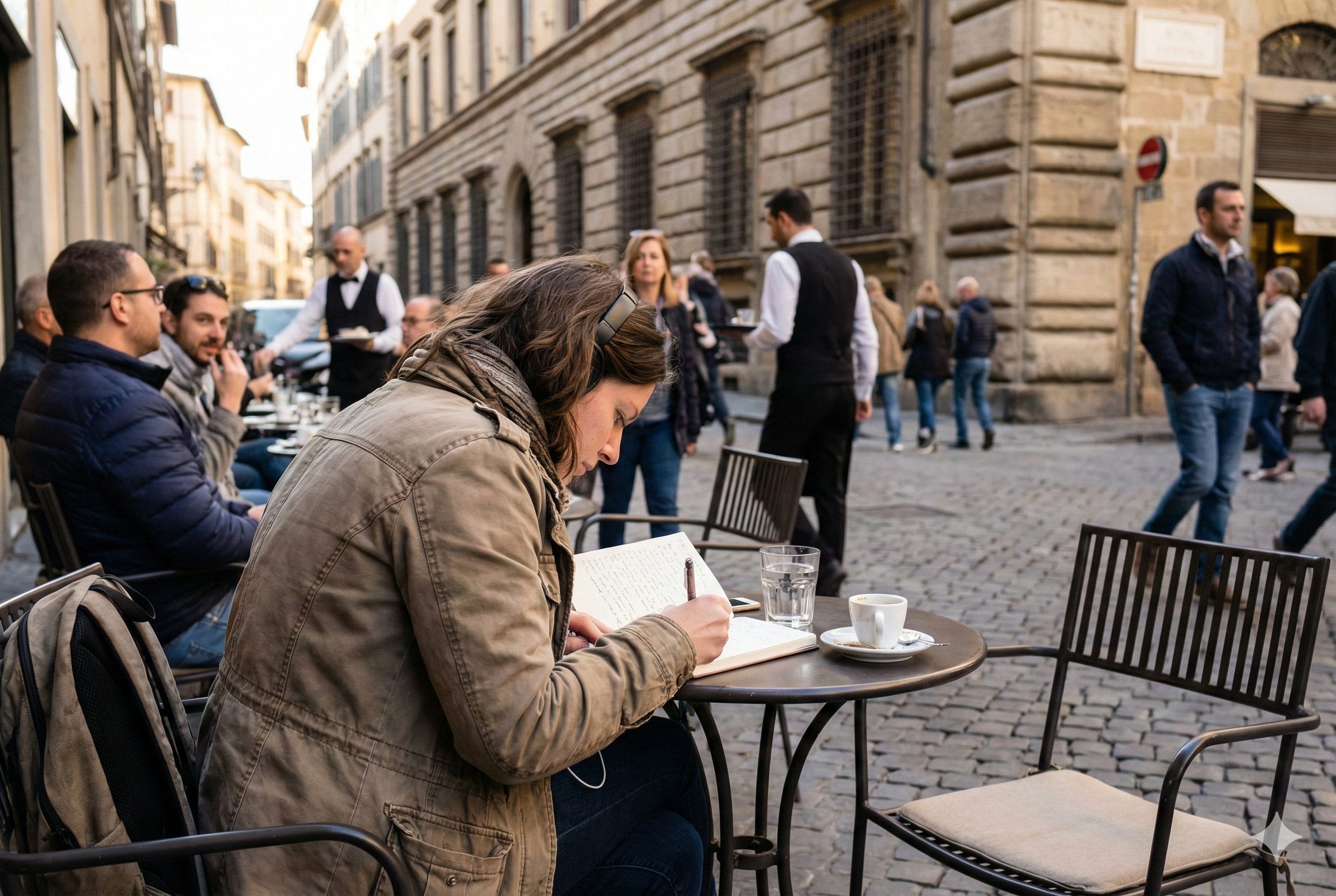 A solo traveler at an outdoor cafe, too absorbed in her travel journal when she should be enjoying being in Italy.