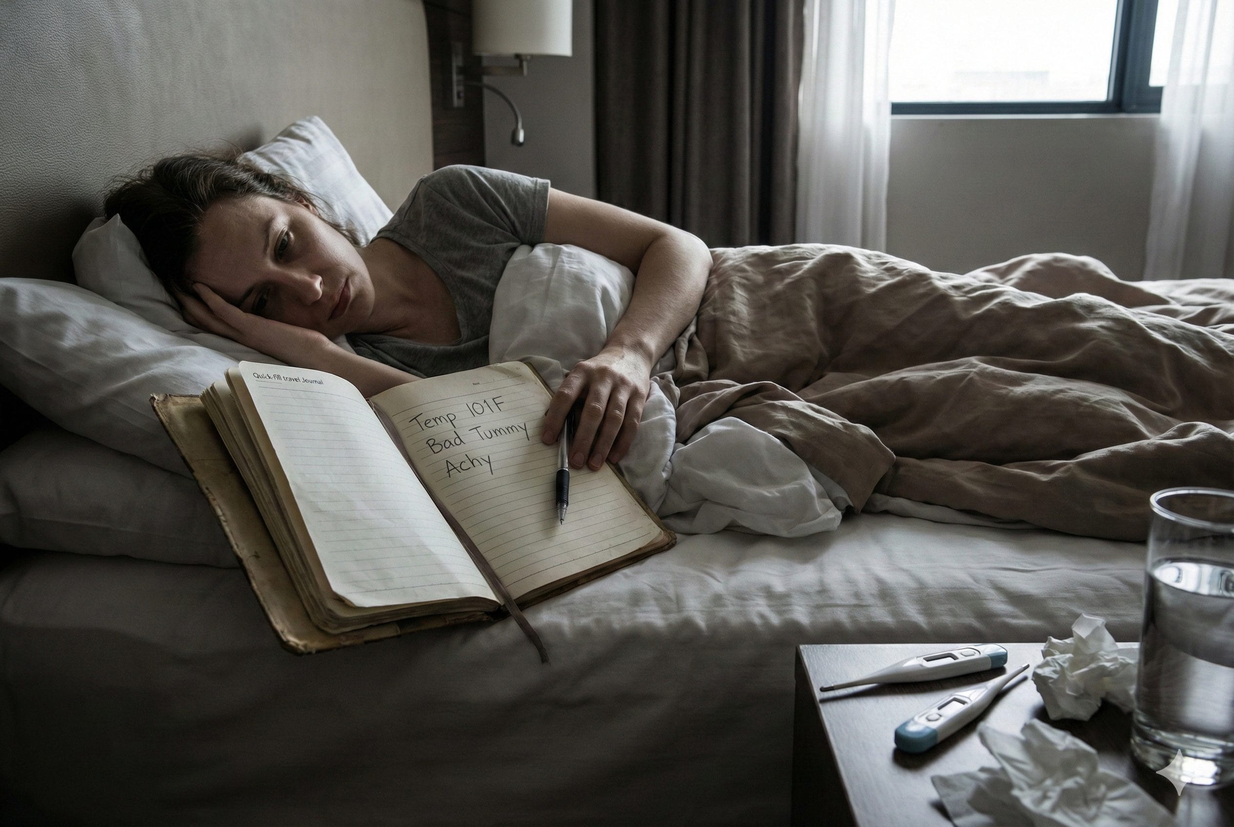 A traveler sick in their hotel room but still making a few important notes in her journal.